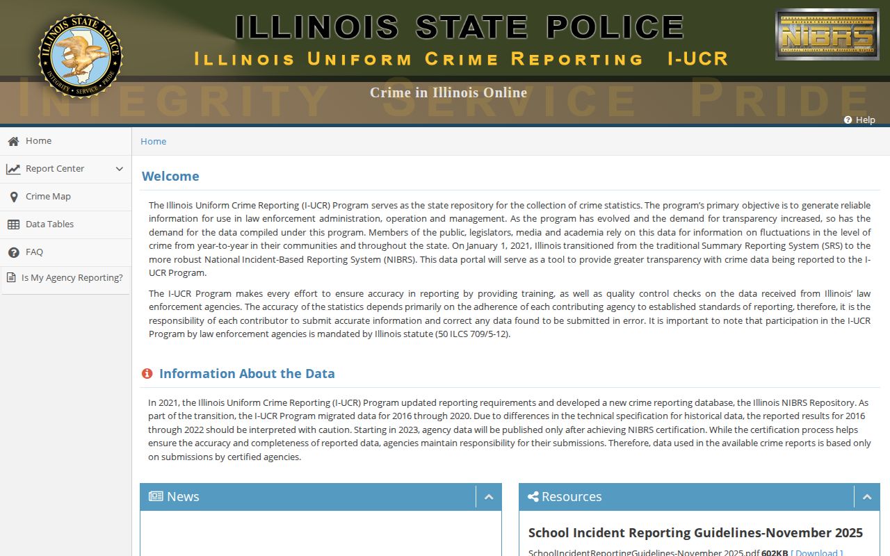 Illinois NIBRS public data page used for Greene County aggregate arrest context