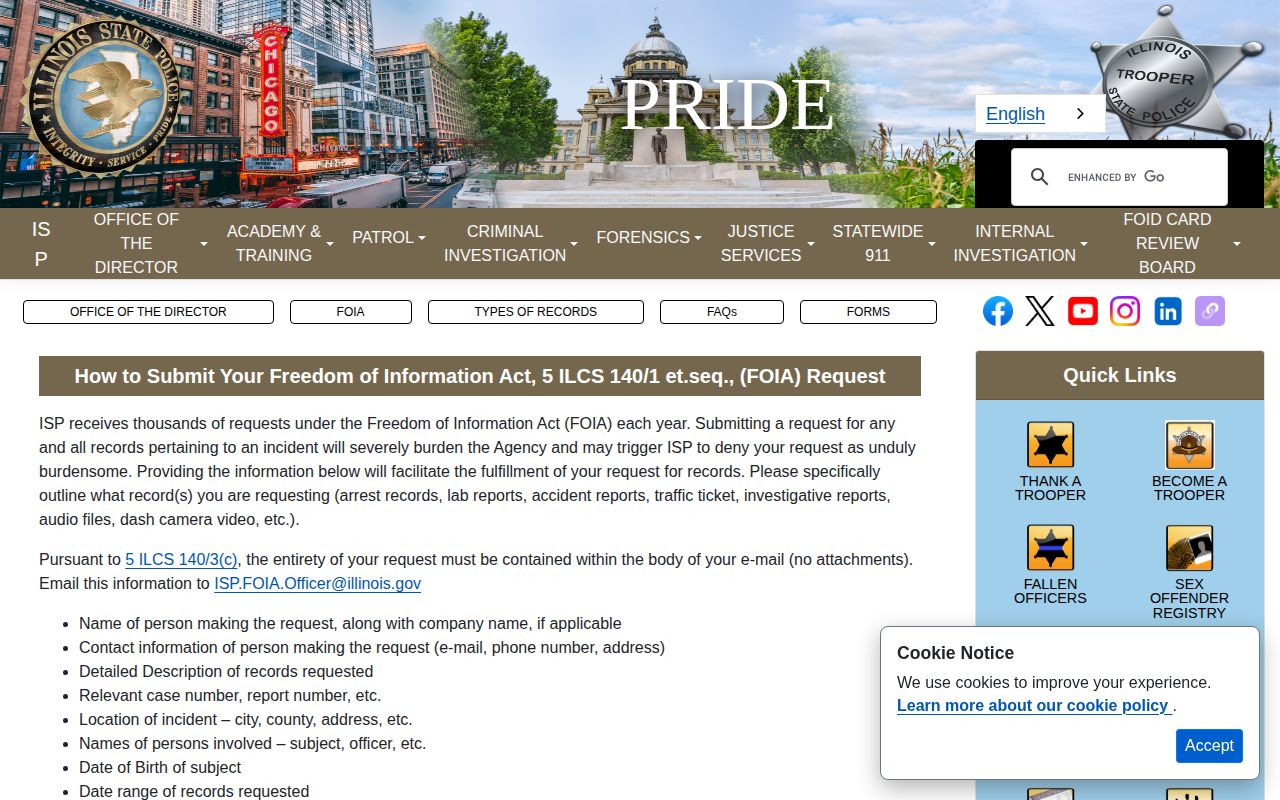 Illinois State Police FOIA guidance page for focused arrest-record requests